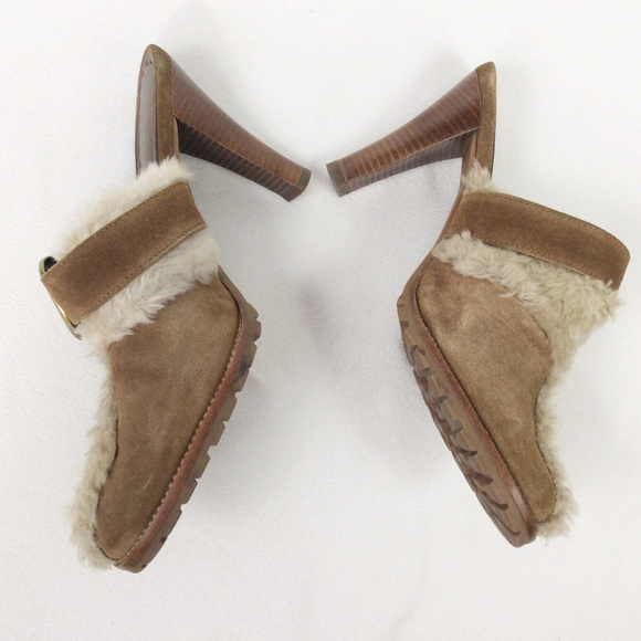 Gianni Bini Tan Faux Fur Suede Buckle Mules 6.5 - Picture 2 of 6